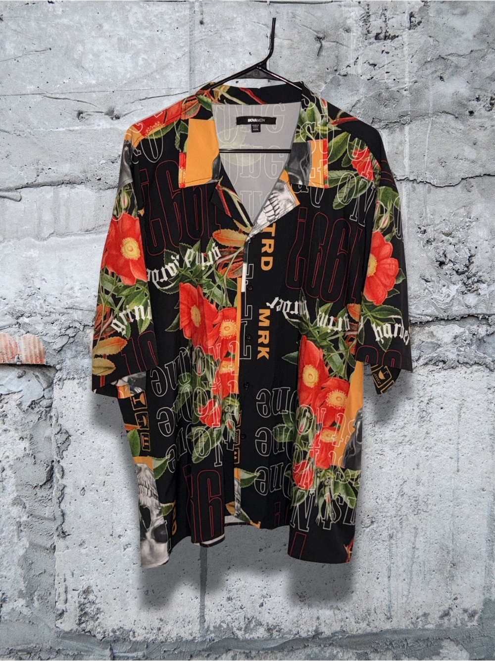 Fashion Nova Black Floral & Orange Graphic Short-Sleeve Shirt